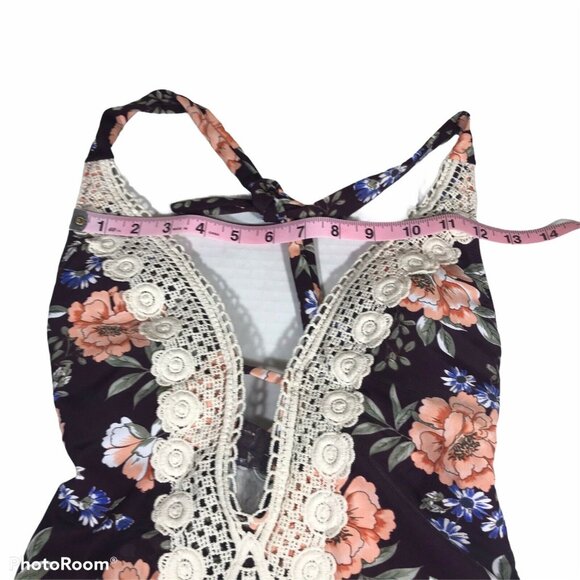 Kona Sol Womens Size Small Swimsuit One Piece Lace Trim Black Multi Floral New - Picture 7 of 11